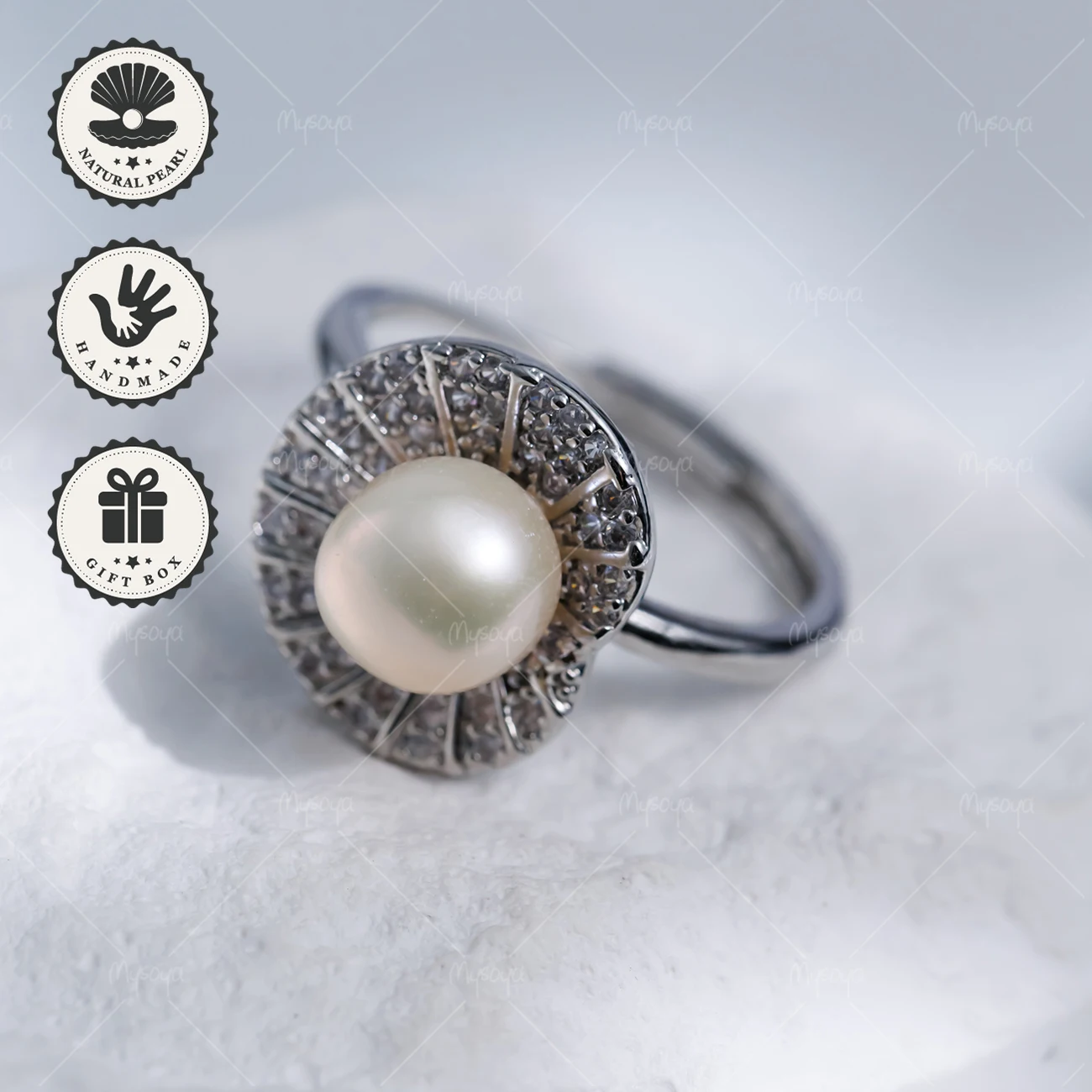 

MYSOYA 8-9mm White Freshwater Pearl Open Ring Silvery Irregular CZ Lotus Leaf Design With Gift Box Birthday Gift Valentine’s Day