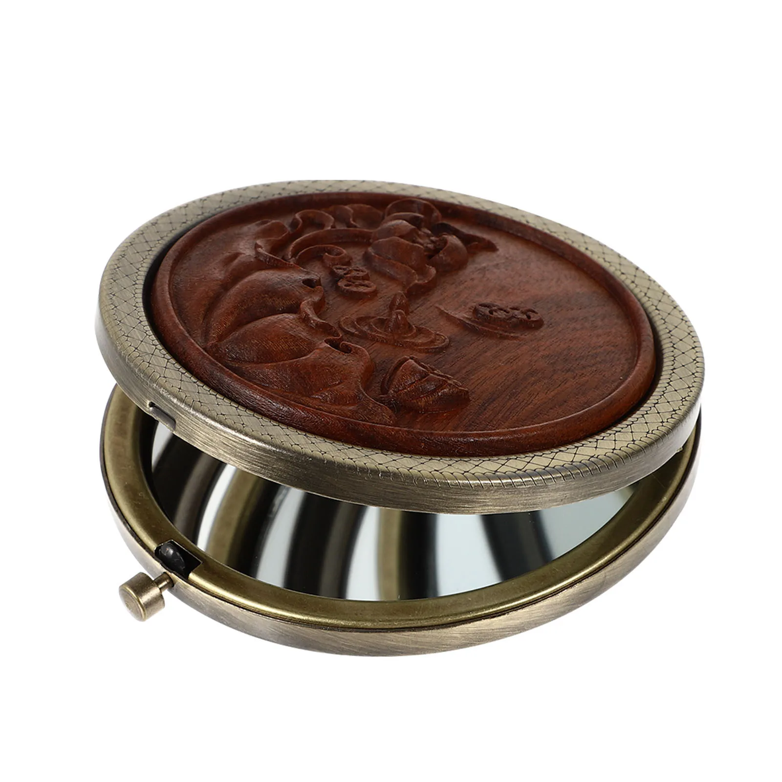 Folding Makeup Mirror Portable Compact Round Wood Metal Retro Design Travel Women Gift Clear Non-Distorted Reflection Daily