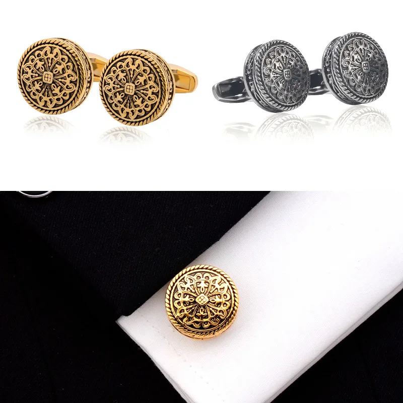 Carved Antique Gold Silver-color Greek Royal Pattern Cufflinks Banquet Suit Shirt French Cuff Links High-end Men\'s Jewelry Gifts