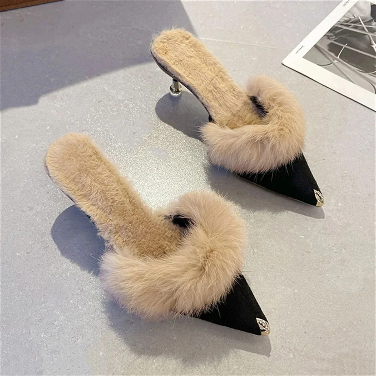 

Women's High Heel oes 2023 Fur Slippers Mules Pointed Toe Faionable Comfortable PVC Upper Layer Pig Skin Inner Material