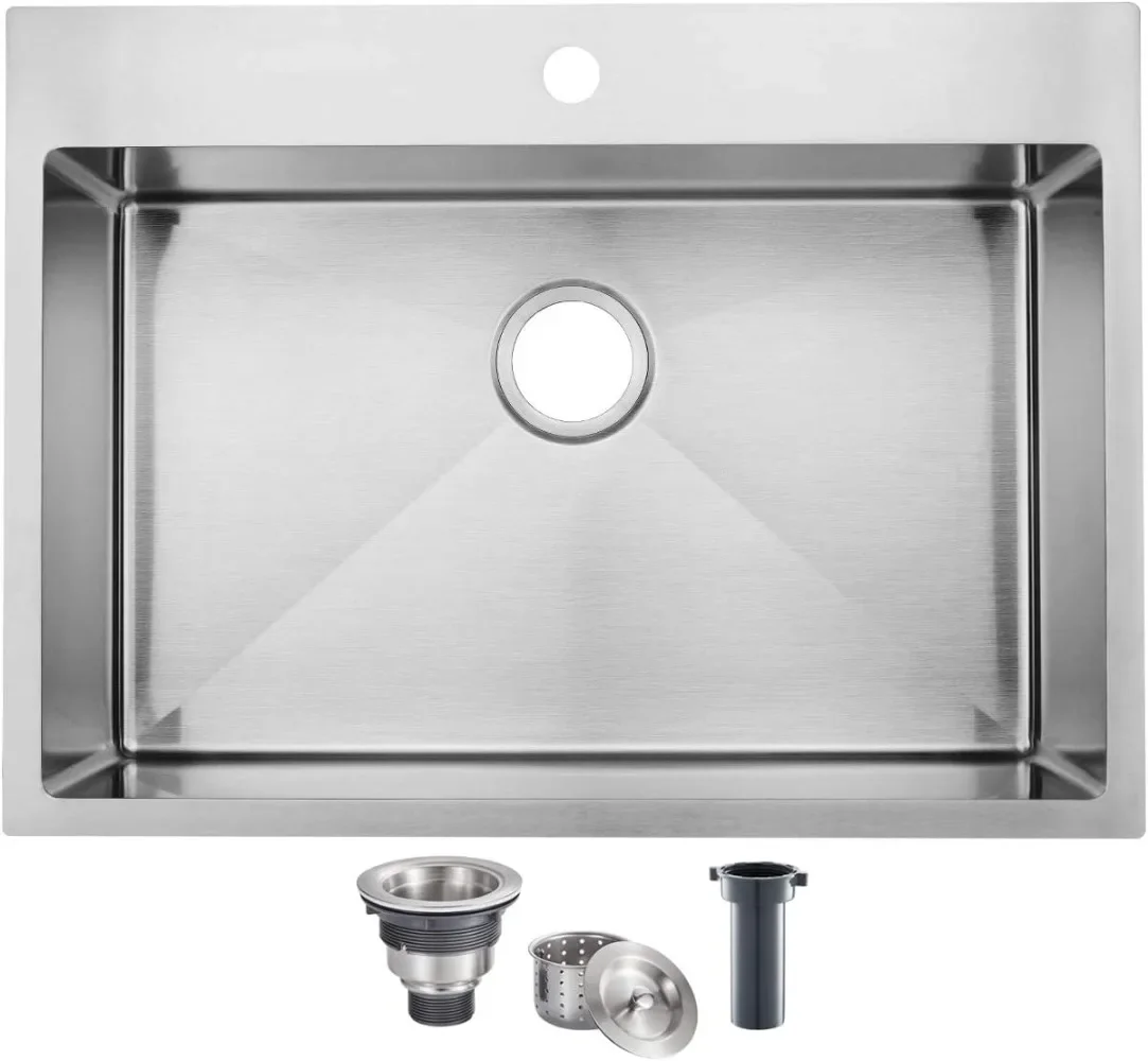 28 Inch 16 Gauge Top Mount Drop-in Single Bowl Basin Handmade T304 Brushed Nickel Kitchen Sink, Stainless Steel 9 Inch Deep