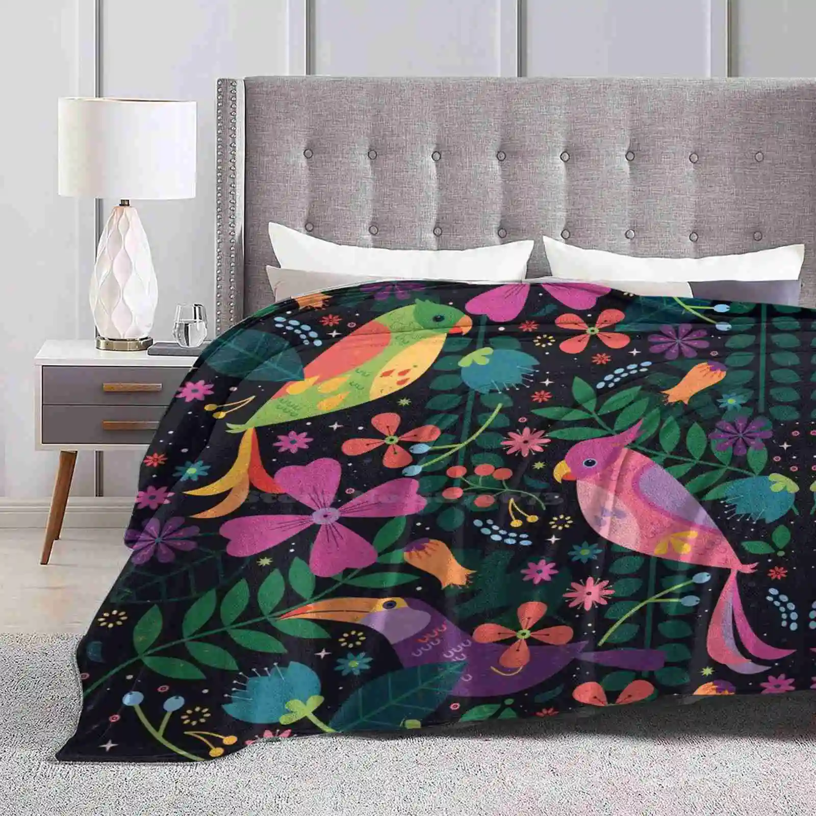 Enchanted Birds Four Seasons Comfortable Warm Soft Throw Blanket Parrot Jungle Macaw Toucan Paradise Enchanted Tiki Flowers