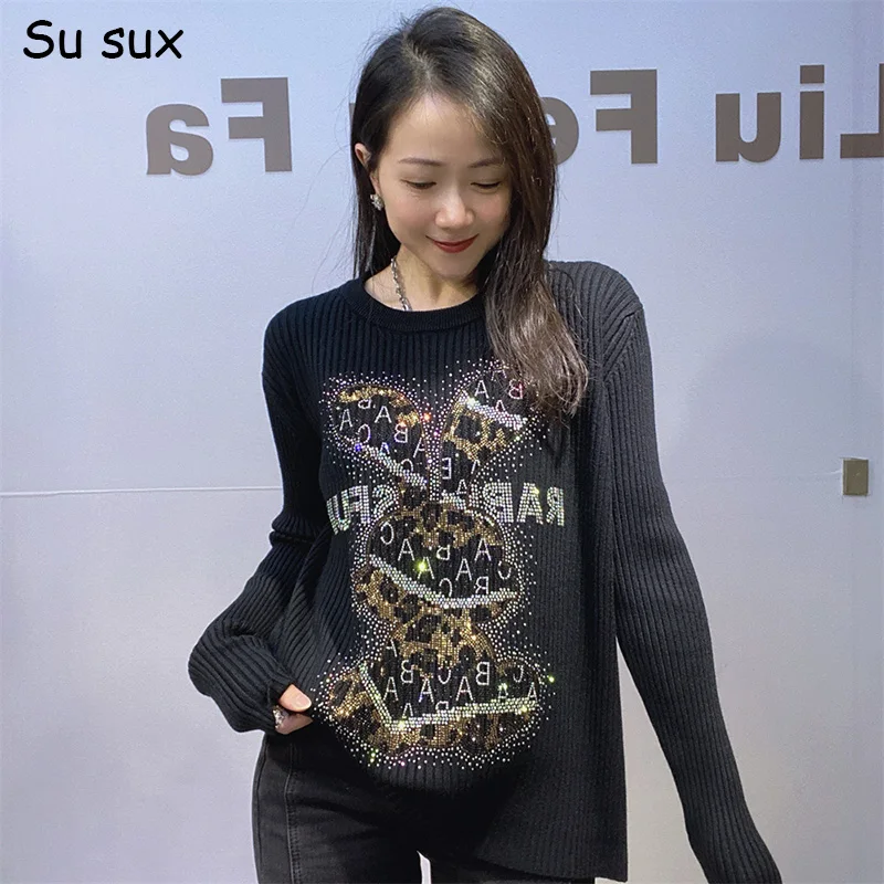 

Cartoon Rabbit Pattern Pullover Knitted Sweater Woman High Elastic Knitwear Casual O Neck Long Sleeve Tops Y2k Clothes Vestidos