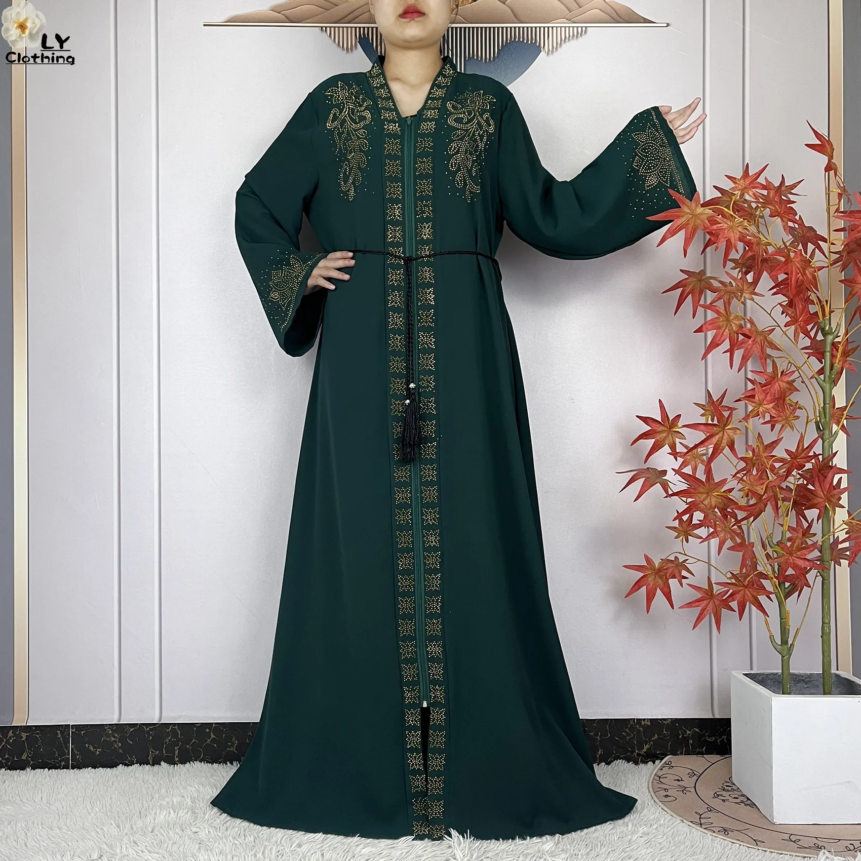 2025 Abaya musulmana para mujer vestido elegante gasa diamantes ajuste suelto bata femenina Islam Maxi Dubai Turquía Islam vestidos con bufanda