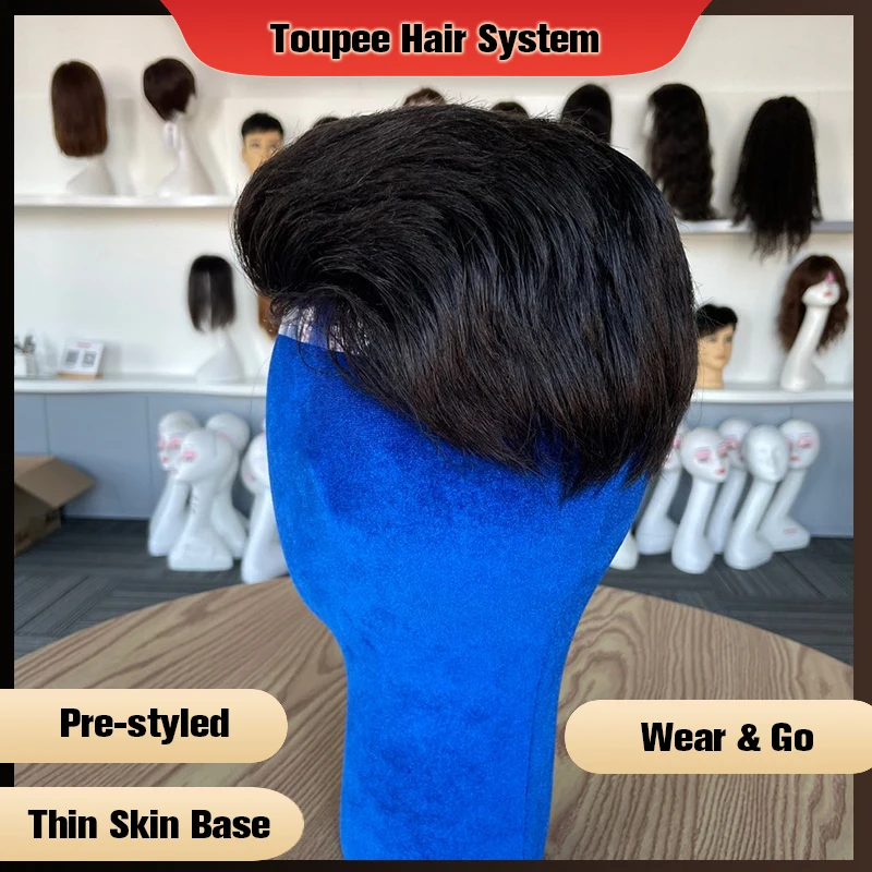 Thin Skin Men Toupee Pre Styled Slicked Back 0.04mm 0.06mm Human Hair Men Wig Hair Replacement Systems Hair Piece Protesis Male