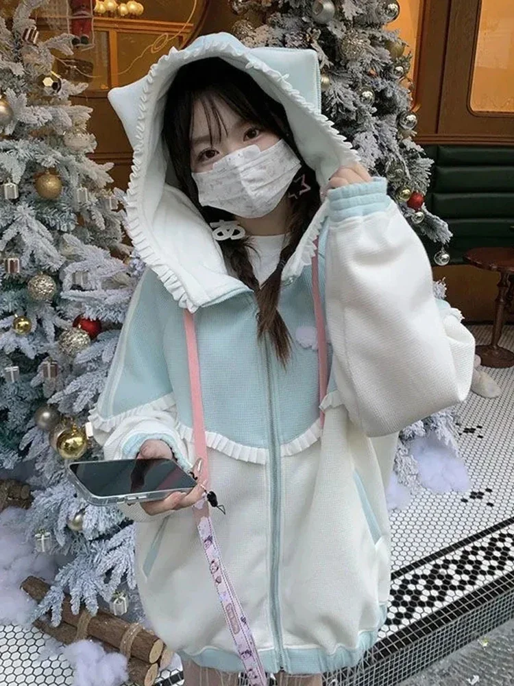 

Японские субкультуры женские толстовки Y2K эстетические свободные повседневные милые толстовки на молнии с бантом в консервативном стиле с рюшами в стиле пэчворк модные пальто