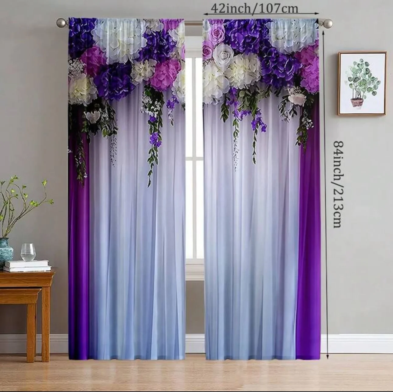 Purple floral arched pattern printed curtains, pole bag curtains, bedroom and living room, home decoration, room decoration