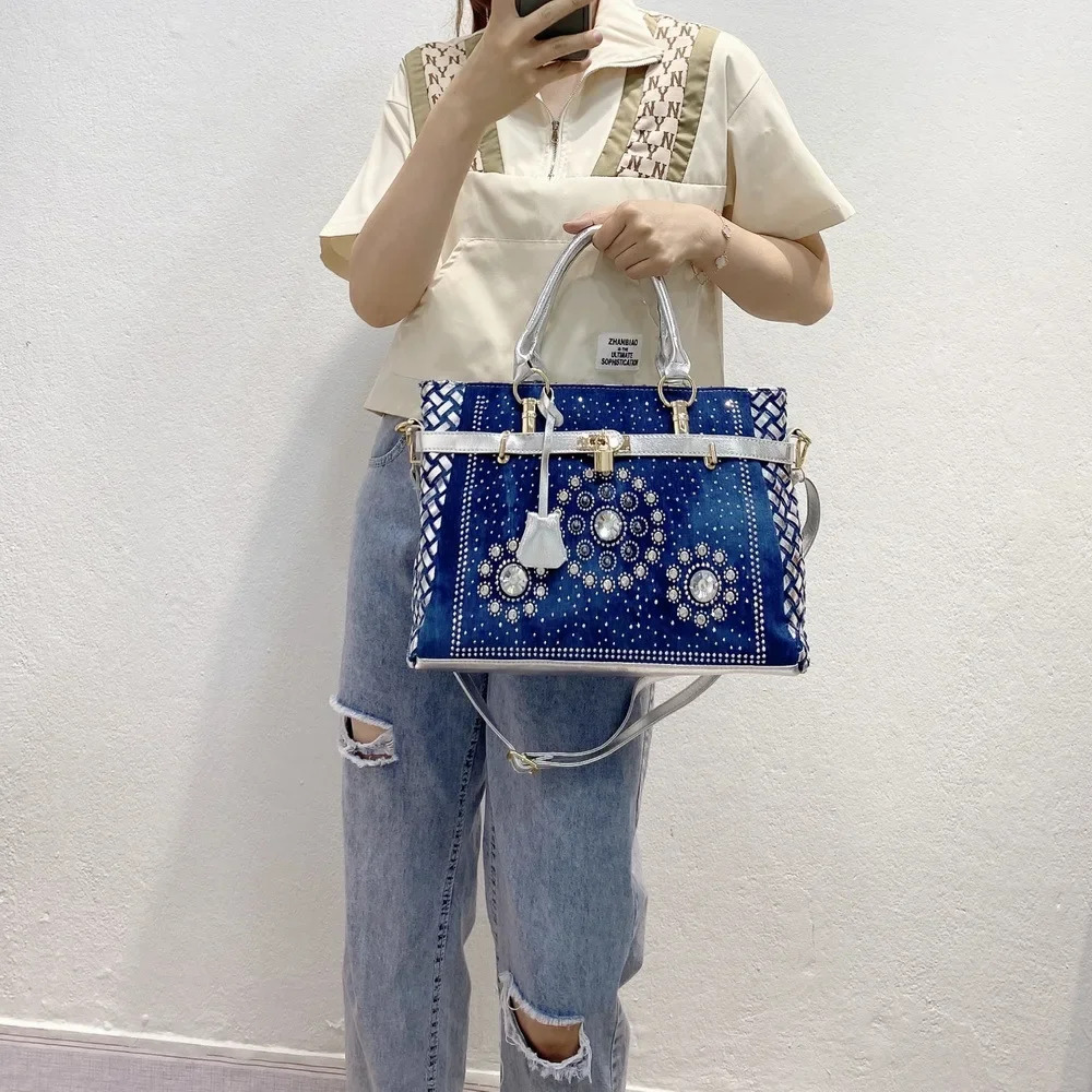 Women\'s Soft Denim Woven Rhinestone Crossbody Shoulder Bag