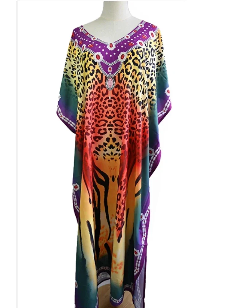 Sunforyou Moo Moos Leopard Print Kafftan Dresses for Women Plus size Swimsuit Cover Up Sliky Caftans Loungewear Robe Pareos
