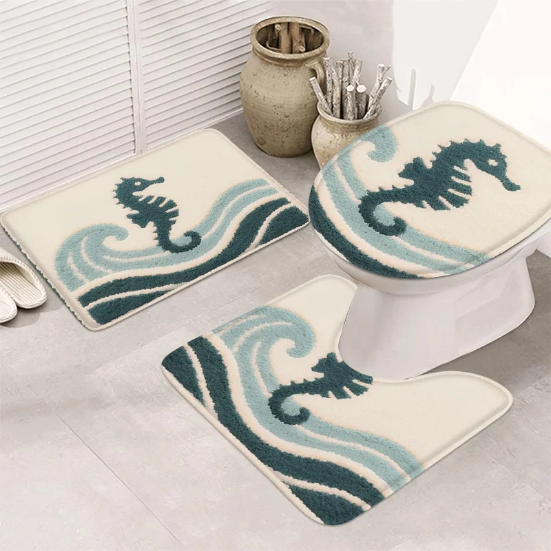 Marine Life Bathroom Set 3PCS: Absorbent Flannel Mats for Toilet, Shower & Floor with Coral Design