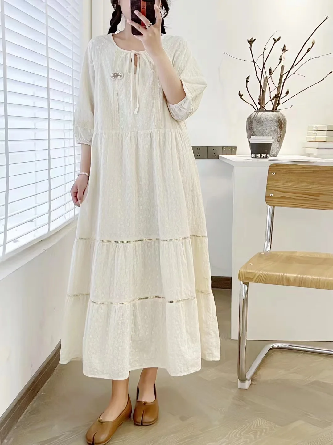 Mori kei autumn summer Japan style cotton three quarter sleeve lace embroider maxi dress women vintage dress mori girl clothing