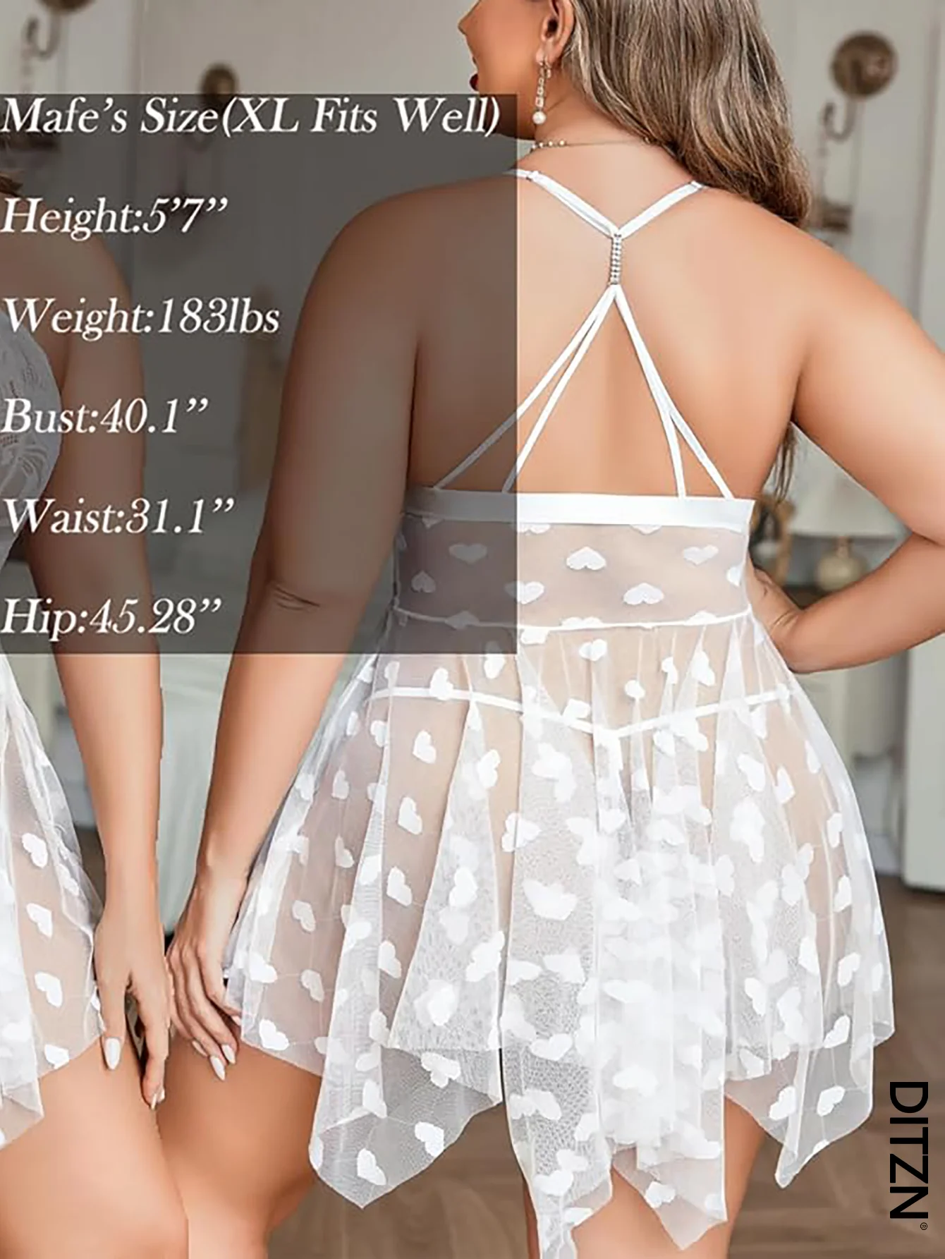 Plus Size Heart Pattern Lace Babydoll Lingerie for Women - Sheer Mesh Deep V-Neck Chemise Nightgown with Front Closure Thong Set