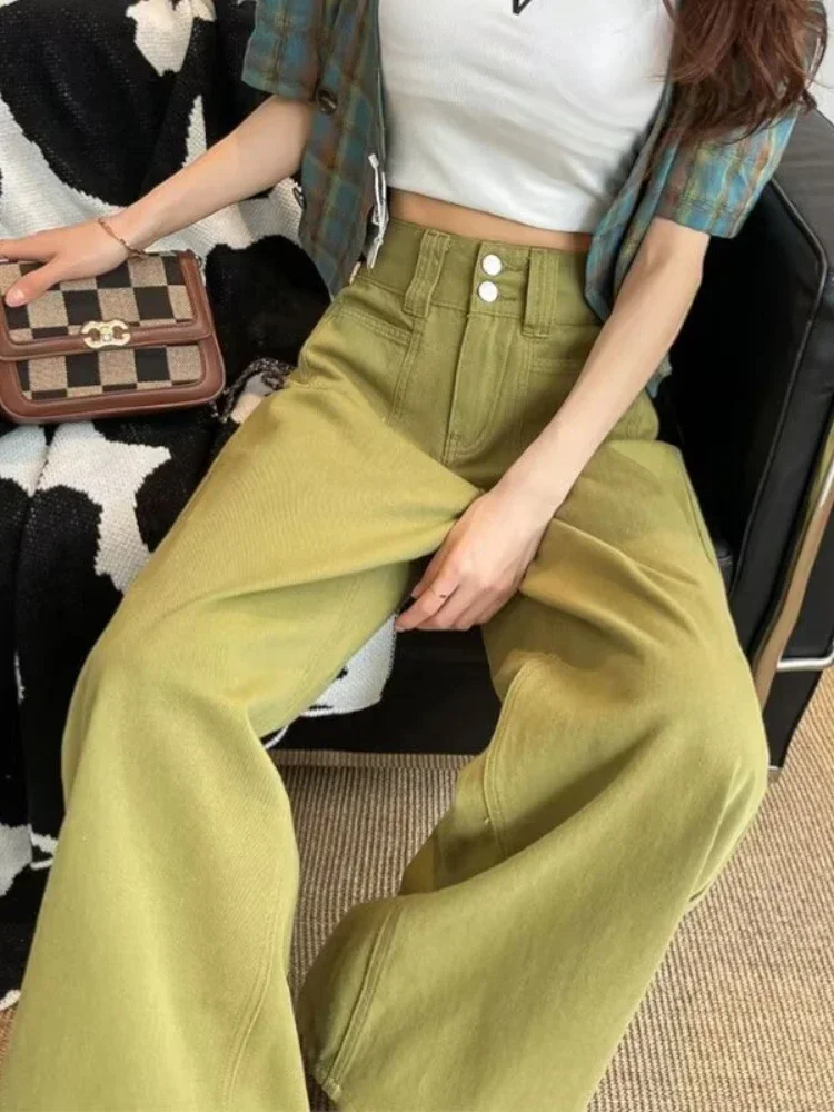 

Women Jeans Straight Loose Autumn Winter New High Waist Slender Full Length Green Aesthetic Denim Trousers Stylish Leisure Cozy