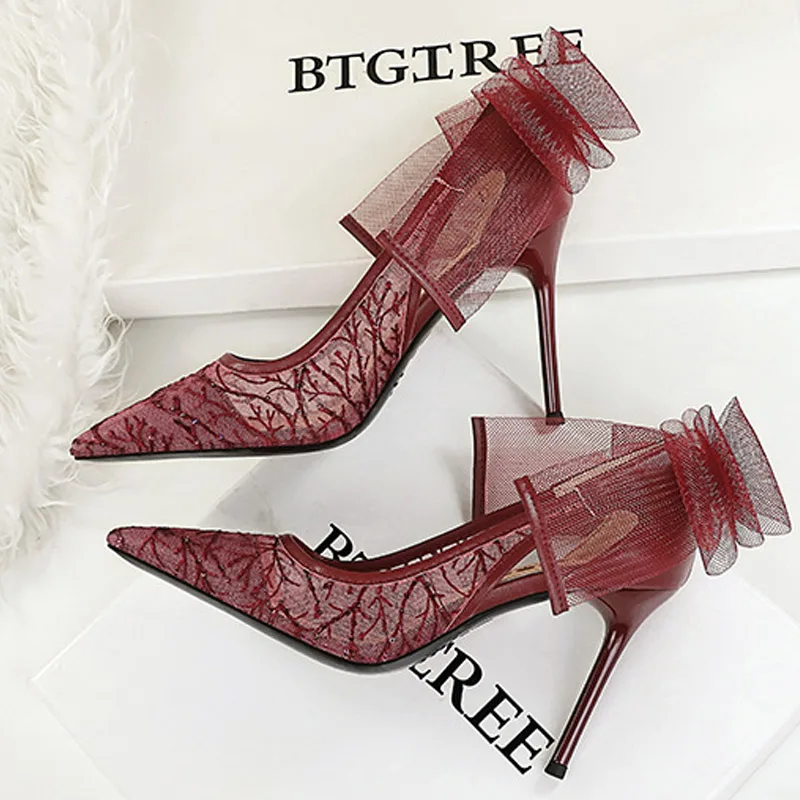 BIGTREE Spring Sexy Hollow Lace Mesh Women Pumps Bowknot High Heels Pointed Toe Stiletto Heels Bridal Party Shoes Zapatos Mujer