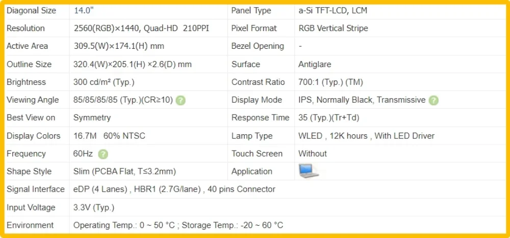 LP140QH1-SPB1 LP140QH1 SPB1 14 inch Laptop Display LCD Screen No-touch Slim IPS Panel QHD 2560x1440 EDP 40pins 60Hz