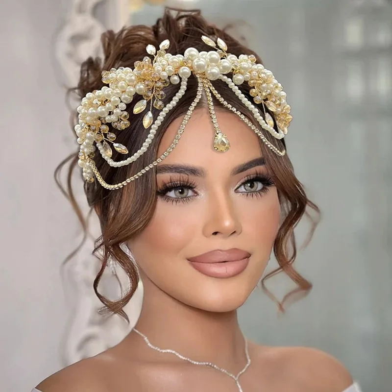 

Champagne Bridal Headband White Wedding Hair Accessories Jewelry For Women Bride Tiara Pearl Party Headpiece