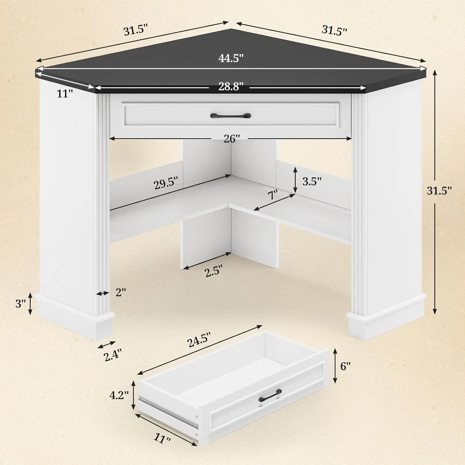 White Corner Desk Small Computer Desk with Drawer Storage Triangle Desk for Home Office Bedroom 31.5
