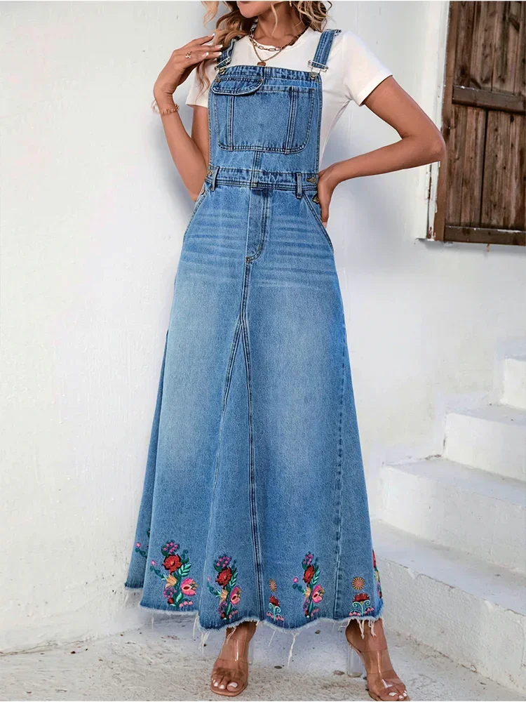 Women\'s Denim Strap Dress Embroidery Floral Vintage Casual Back Split Pocket A-line Blue Basic Autumn Female Chic Long Dresses