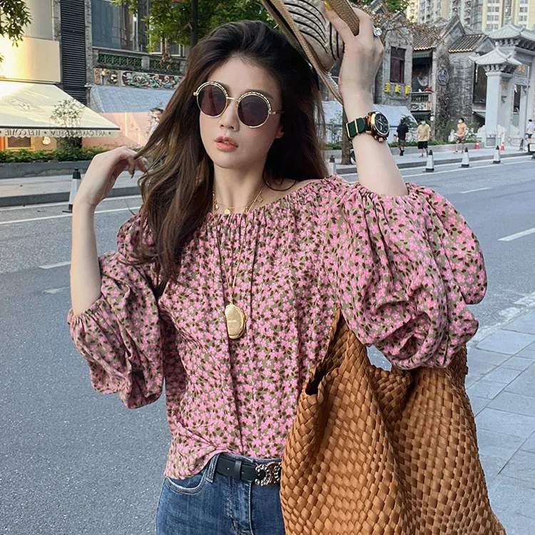 French Pink Floral Chiffon Shirt with Feminine Temperament New High-end and Chic One Shoulder Top