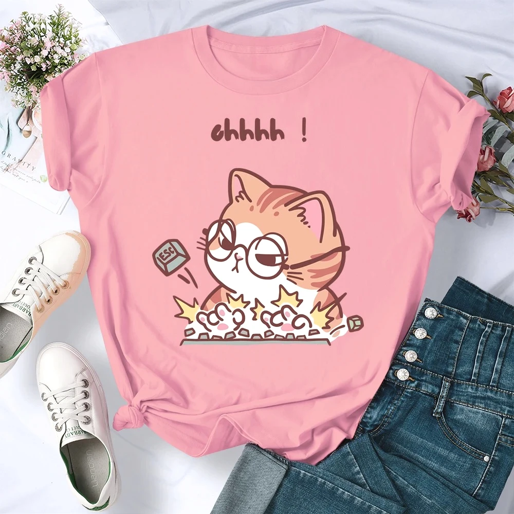 Camiseta mit Estampado de Ucus Animados für DamenTop Ucado und Suave mit Cuello Redondo Ropa informelles Crazy Cat Typing