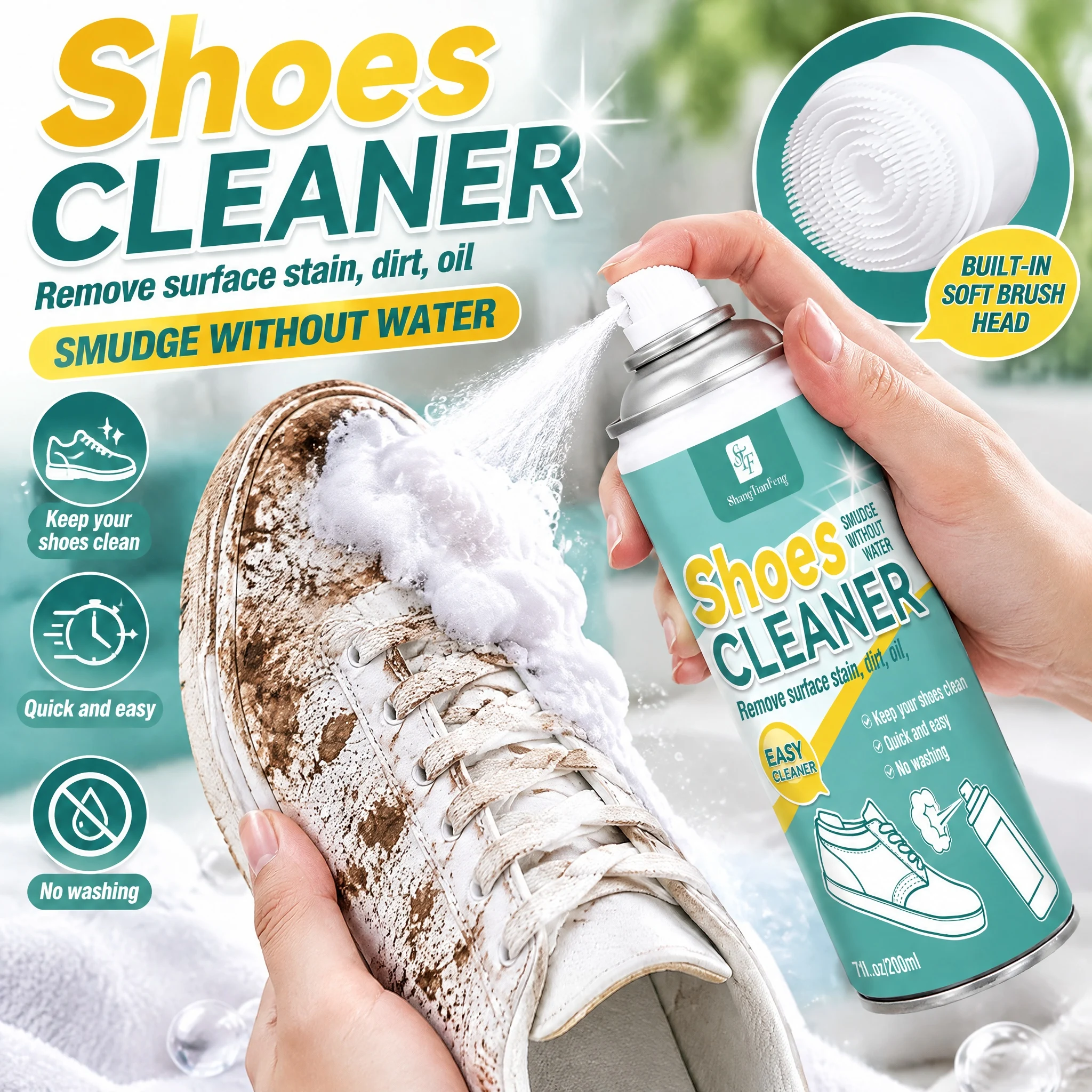 Shoe Cleaner Foam 7oz/200ml, Sneaker Cleaner with Built-in Brush, Waterless Foam Cleaner for White Shoes, Canvas, Leather, Mesh & Most Footwear, Removes Dirt & Surface Stains
