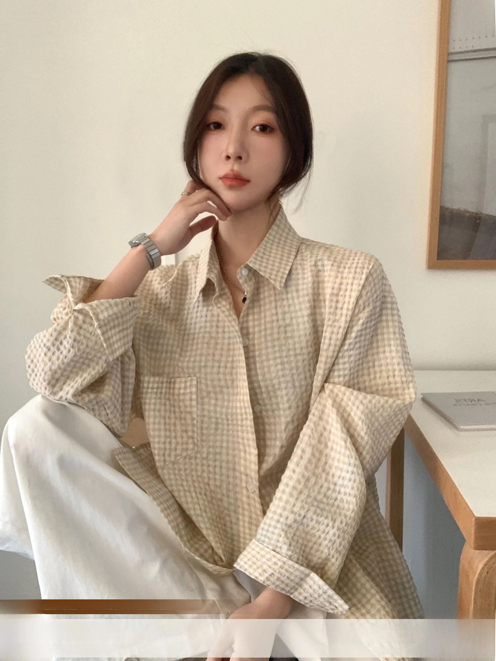 

Женская рубашка VS What Spring Summer: повседневная, легкая, в клетку, с воротником, с защитой от солнца, универсальная, свободного кроя, дышащая