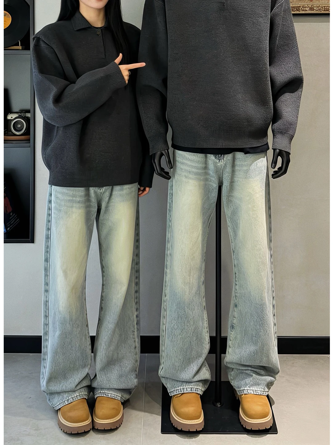 

Light Blue Fce Lined High Waist Knife Pleat Elevate Briefs Loose Straight Leg Jeans Men Winter Cleanfit Casual Denim Pants