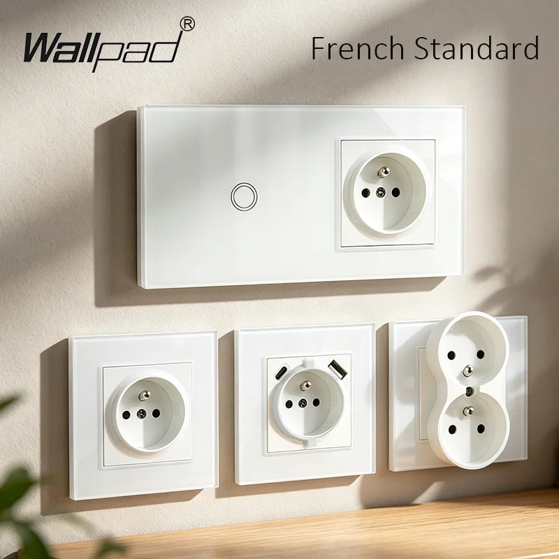 Wallpad EU French Socket Touch Light Switch 1/2 Gang 220V Crystal Glass Panel LED Indicator Wall Outlet with USB Type C Charger