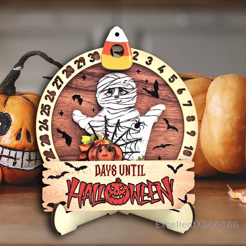 Halloween Countdown Calendar Wooden Rotatable Calendar With Base Tabletop Decor For Home Holiday Party