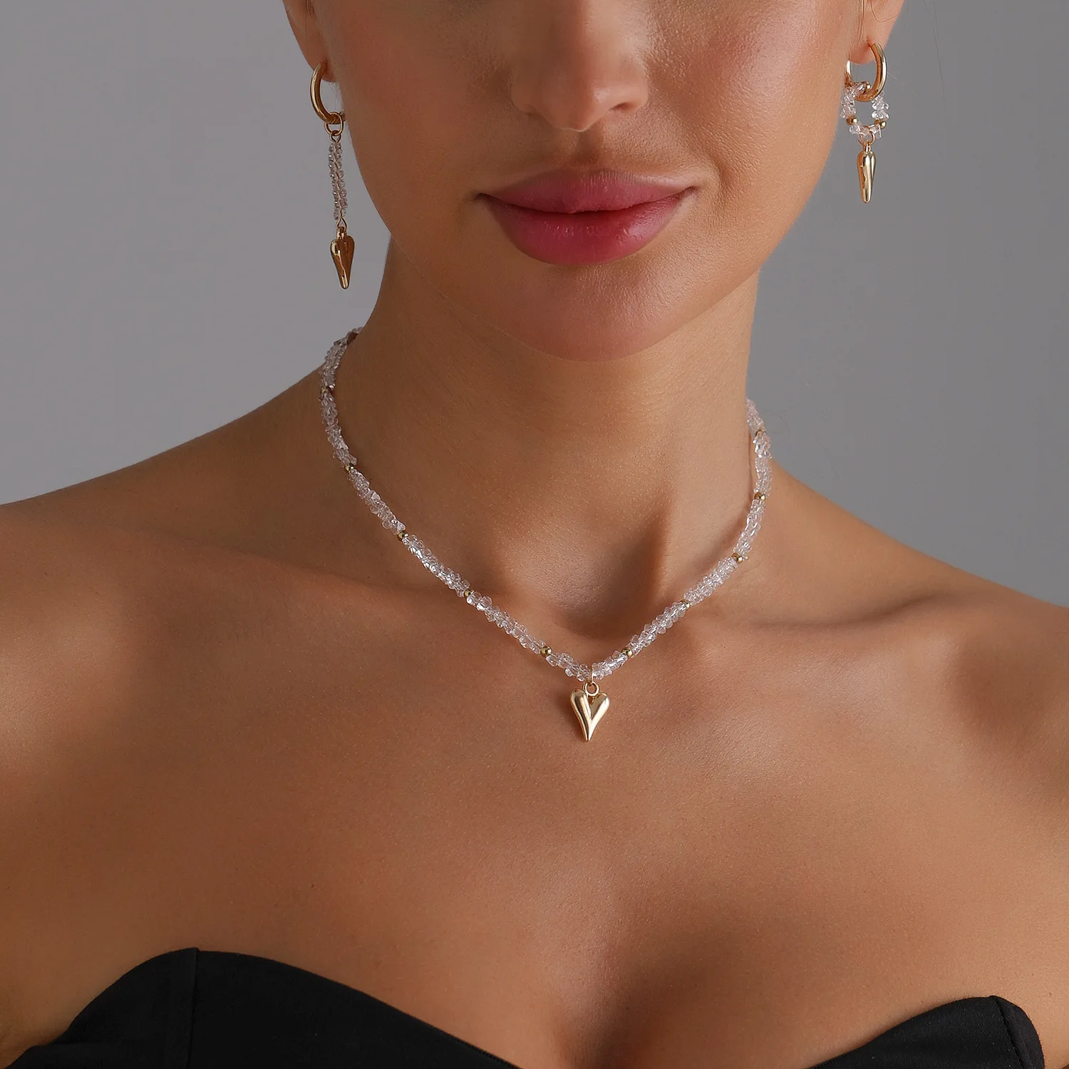 Fashion Crystal Heart Necklace and Earrings Set Premium Minimalist Everyday Accessory for Women Standard Size Silver Tone