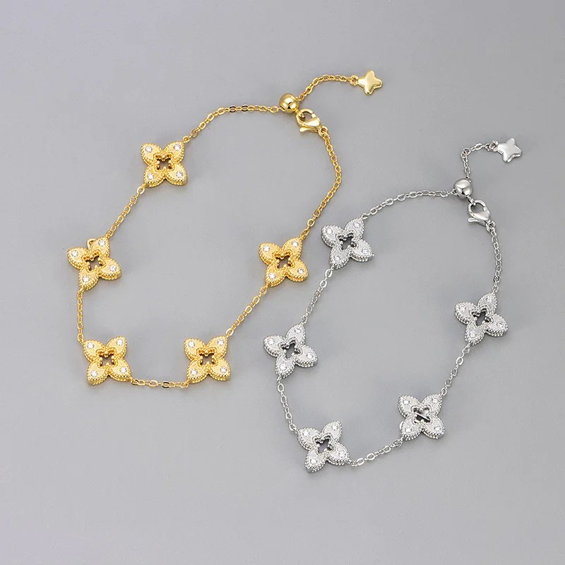 High Quality Retro Hollow Zirconia Flower Bracelets For Women Girl Elegant Aesthetic Jewelry Gifts