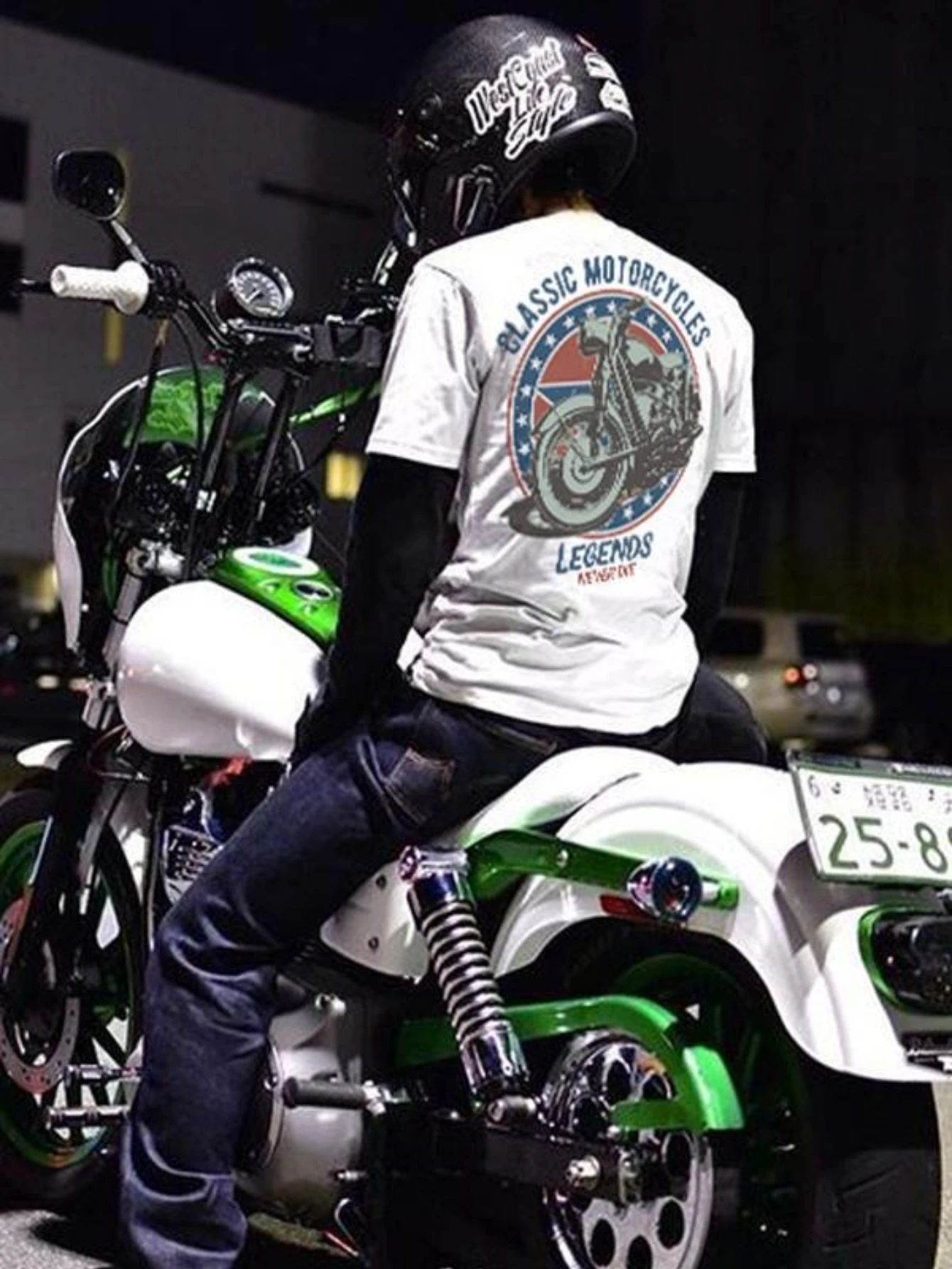 

Heavy Nostalgic Short-sleeved T-shirt Men Summer Cotton Retro Motorcycle Print Front Shoulder Crew Neck Half-sleeved T-shirt Men
