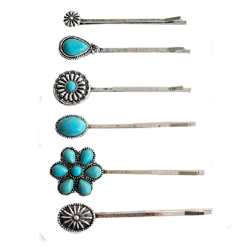 Hairpin Retro Turquoise Fork Stick Alloy Flower Women Headdress Womens Accessories Flower Clips Bobby Pin Silver Barrette