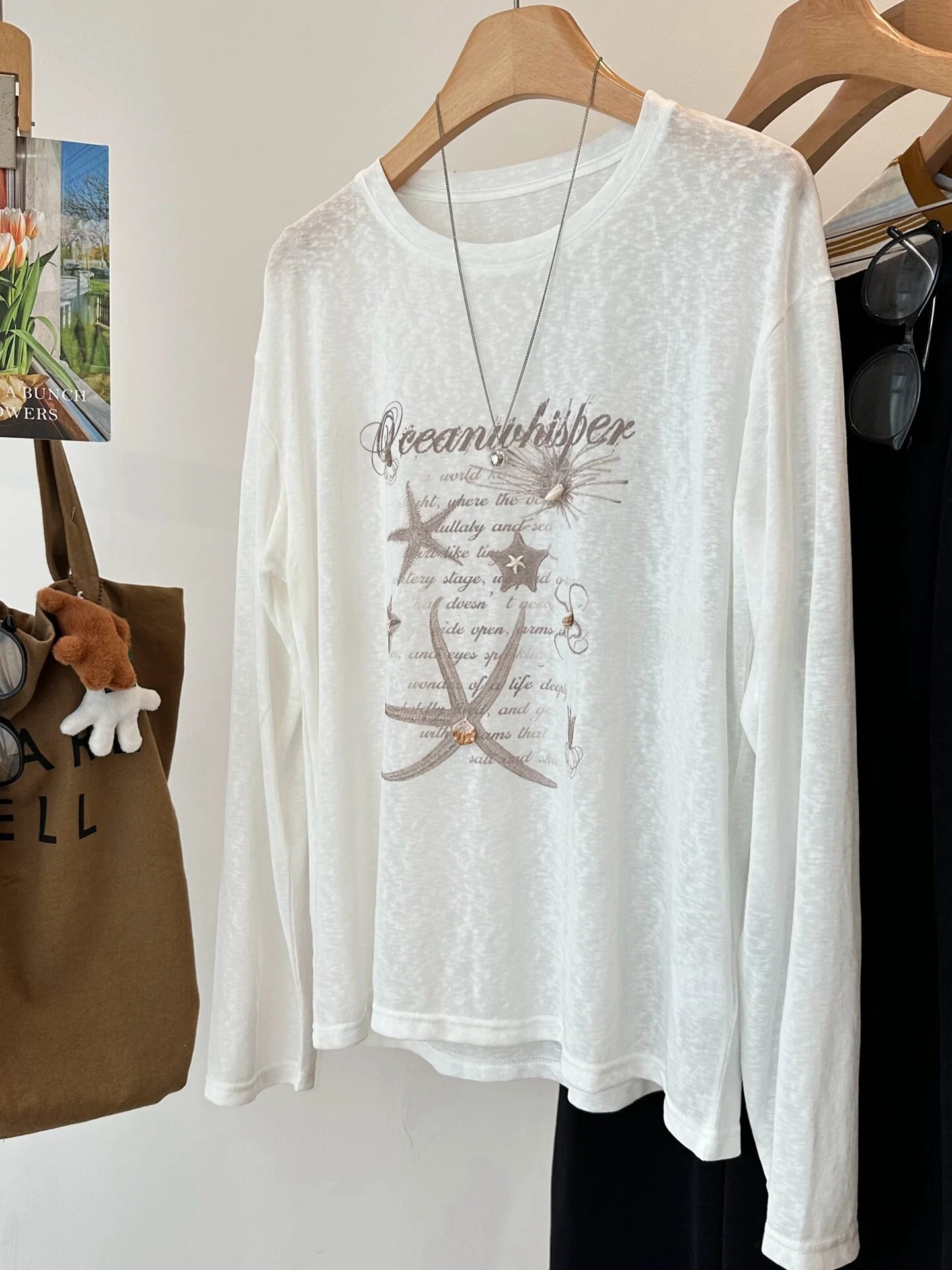 Korean Style Long Sleeve T-Shirt Women's Loose Sun Protection Shirt Cover up Summer Top Star  Print Transparent Letter R...
