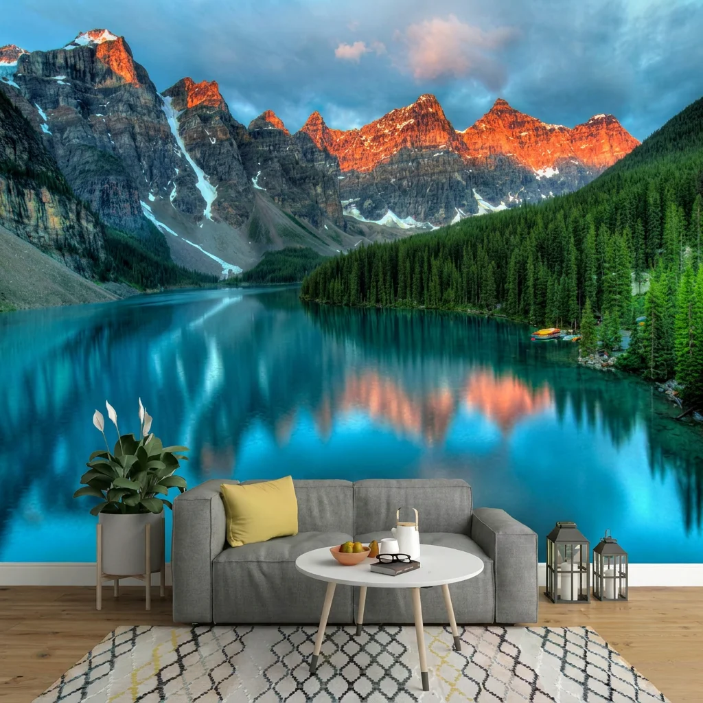 Rolling snow-capped peaks, alpine lake, background wall for living room and bedroom, self-adhesive material.