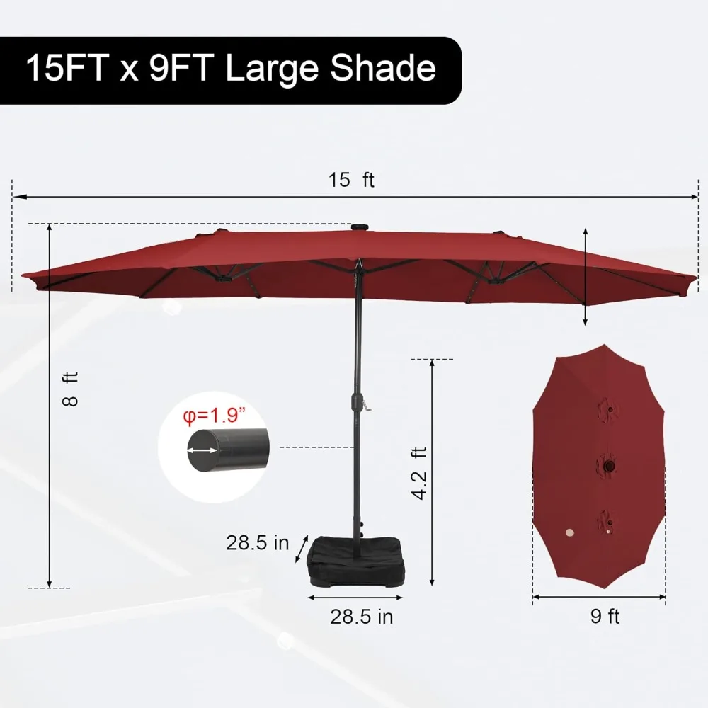 Patio Umbrellas for Double Sided with Base and Umbrella Cover, Solar Lights and Superior Rust Resistance, 15ft Outdoor Umbrella