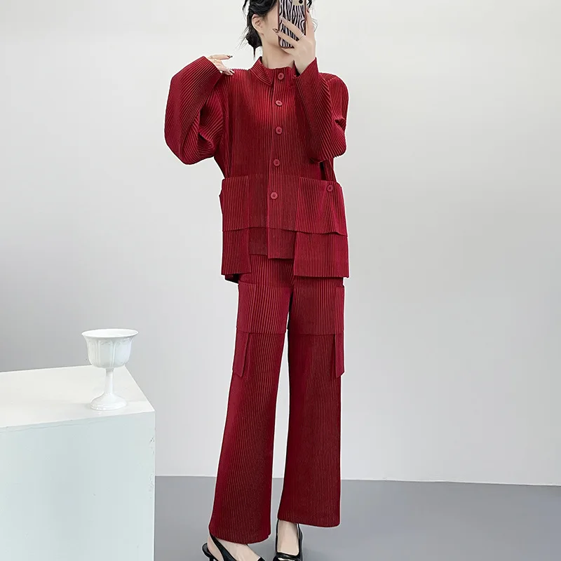 

Women Winter 2-piece Set with Solid Color Stand Up Collar Long Sleeved Jacket High Waist Casual Loose Folding Pants Female Set