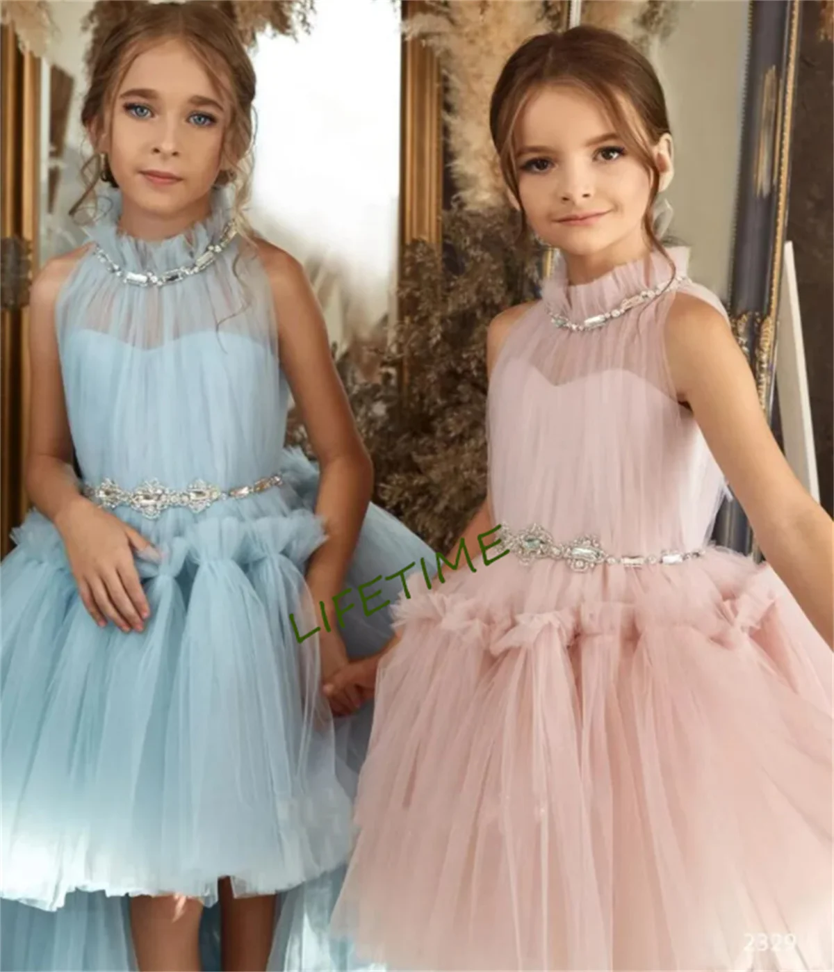 

Simple Satin Flower Girl Dess For Wedding Floor Length Short Sleeeve With Bow Elegant Kids Birthday Party First Communion Gowns