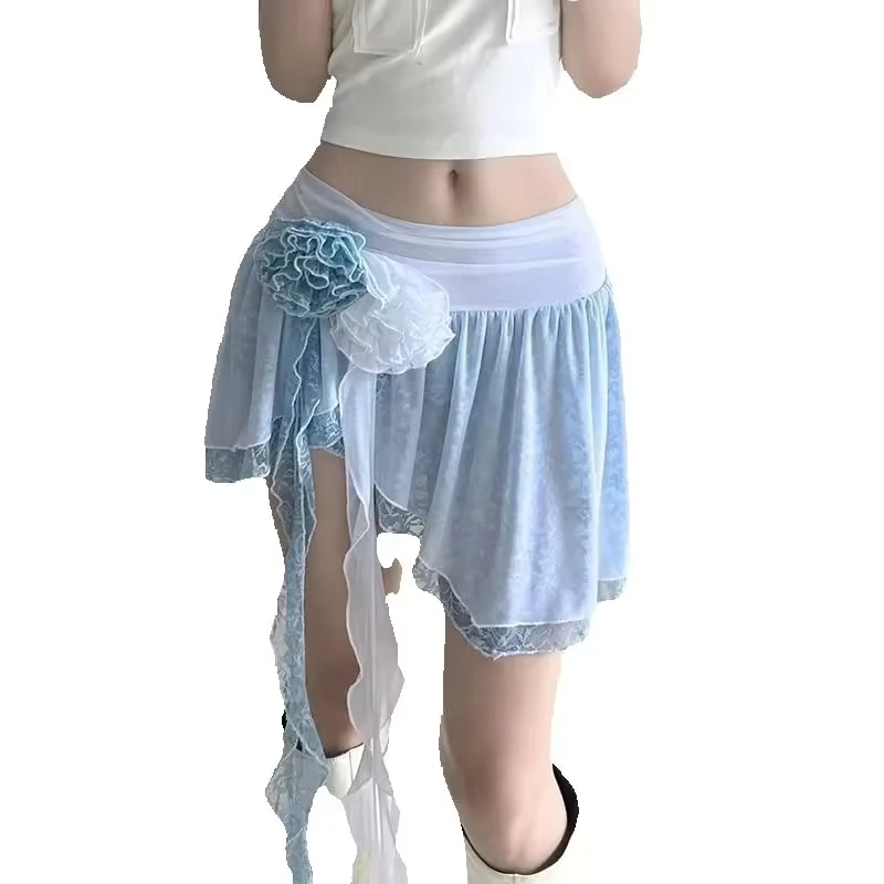 Women's Y2k Elastic Waist Lace Mesh Layered Ruffled Rose Flower Tassel Korean Fashion Holiday  Mini Skirt Skort