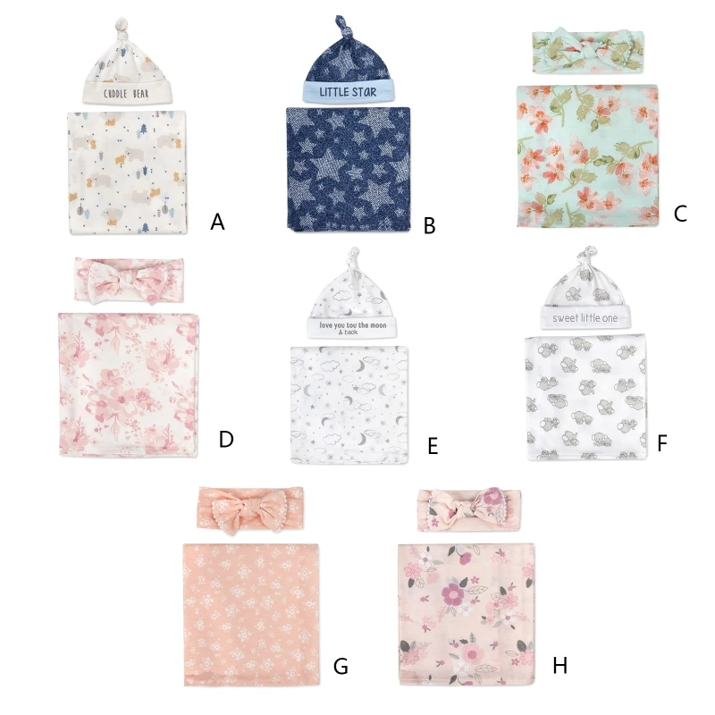 2pcs Newborn Baby Microfiber Swaddle Wrap with Beanie Hat Headwrap Set Cute Floral Animal Print Infant Receiving Blanket 85DE