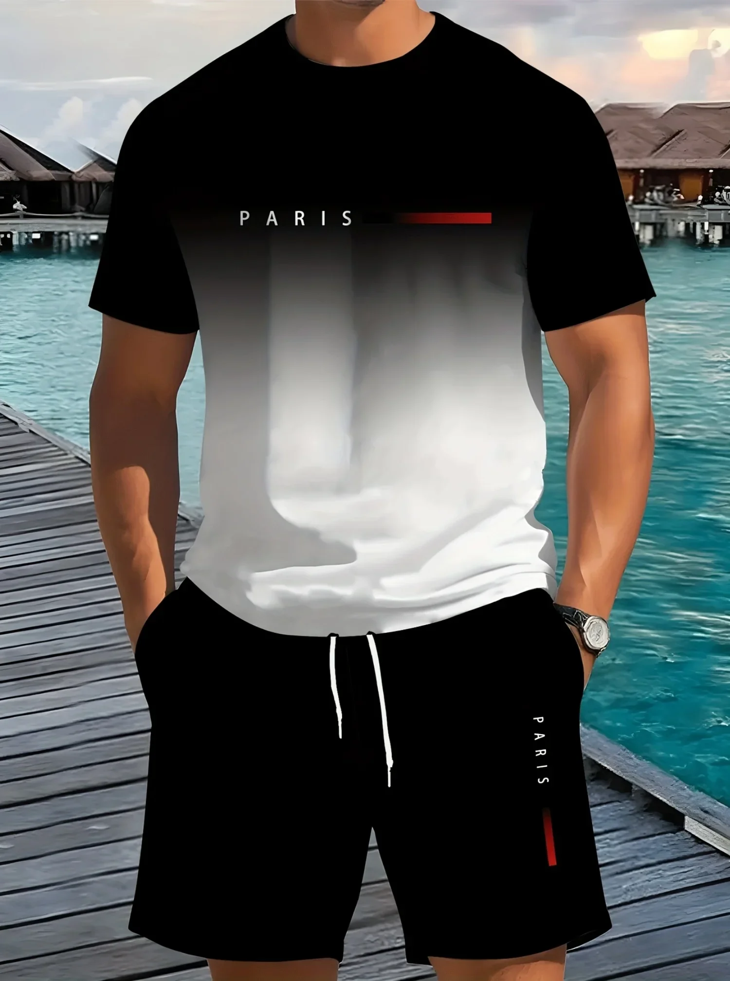 

New Paris letter gradient casual sports short sleeved set fashion summer breathable quick drying men's loose T-shirt+shorts set