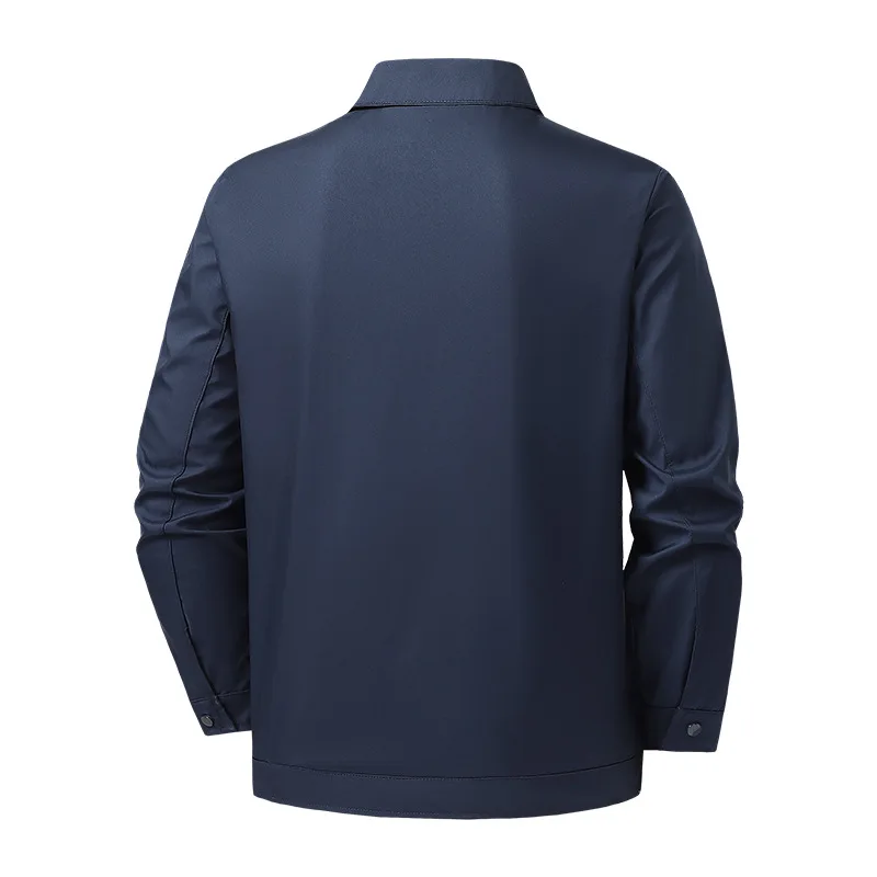 Men Lapel Collar Business Casual Jacket Solid Black Full Zip Lightweight Executive Outerwear Middle Aged Dad Versatile Daily Coa