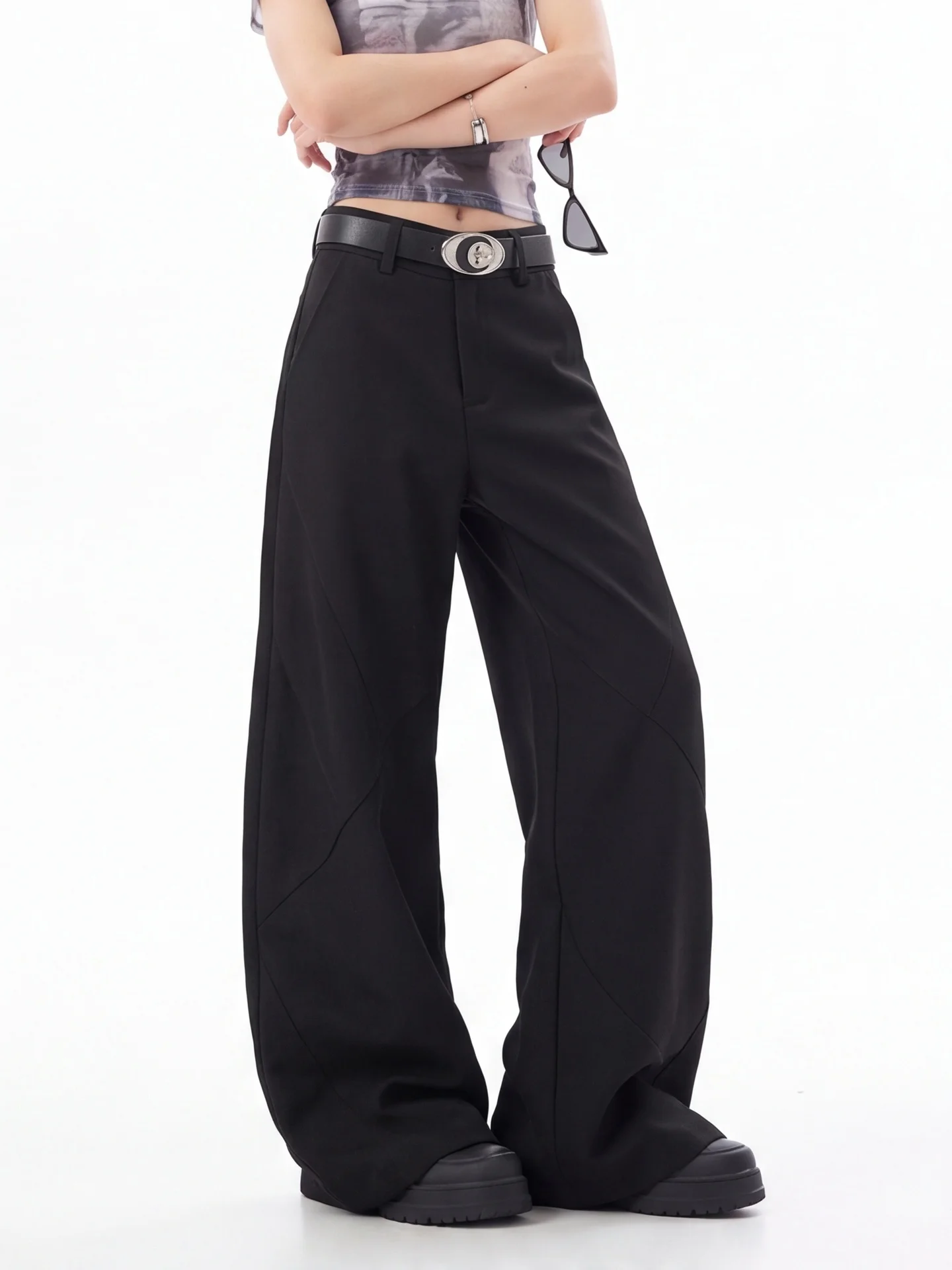 Black High Waist Trousers for Women Ant Brand Tailored Suit Pants Floor Length Wide Leg Pants Draping Effect Slimming Effect