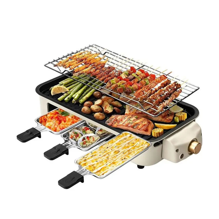 

2in1 Electric Indoor Grill, 1500W Smokeless Korean BBQ Griddle with NonStick Removable Cooking Plate, 3 Raclette Cheese Pans, A