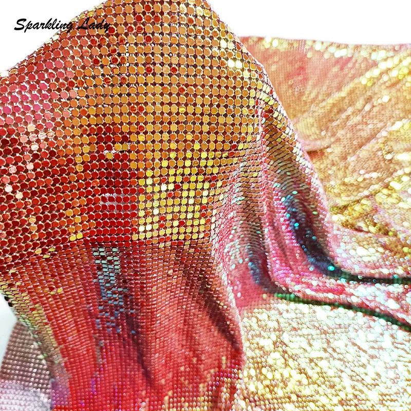 Fashion Metal Mesh Chainmail Fabric Shimmer Iridescent Red Aluminum Sequin Fabric Metallic Cloth for DIY Earring Scarf