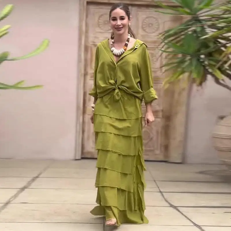 

2026 New Summer Casual Loose Green Lace Hem Women's Cross-Border Fashion Set Three-Piece Long Sleeve Patchwork Style