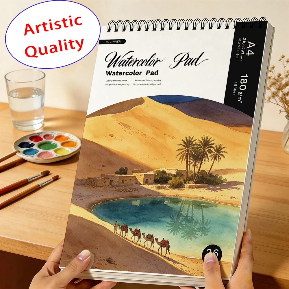 Lightweight Watercolor Sketch Pad,180gsm Fine Weave Paper 26 Sheets for Hobby Artists & Student Painters