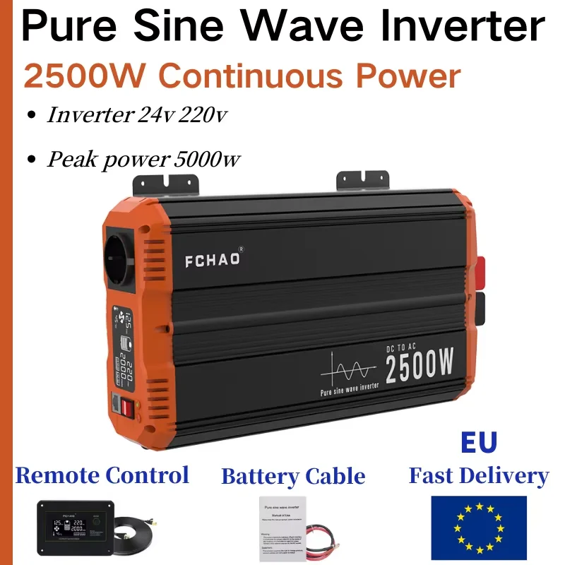 FCHAO 2500W 24V Reiner Sinus-Wechselrichter mit EU-Stecker für Auto, Haus, Wohnmobil und Boot