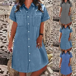 Summer Denim Shirt Dress 2024 Women'S Casual Loose Single Breasted Dress Simple Retro Commuter Female Office Denim Short Skirt