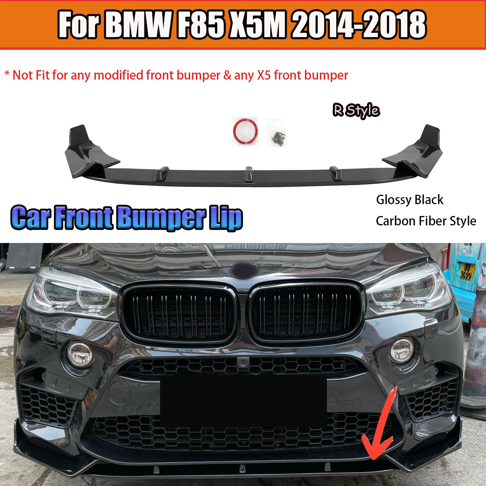 

3 шт. спойлер на передний бампер для BMW F85 X5M, модель 2014-2012, глянцевый черный карбоновый стиль, автомобильные аксессуары, комплект кузова